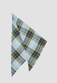 Blauw en gele geruite sjaal, driehoekige vorm, stofstructuur, gefranjerde randen, met een geruit patroon en donkere zwarte accenten.