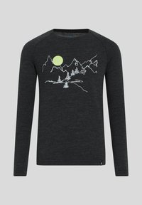 Black long-sleeve shirt featuring a mountain landscape design in white and a green sun. Made of a textured, soft material.