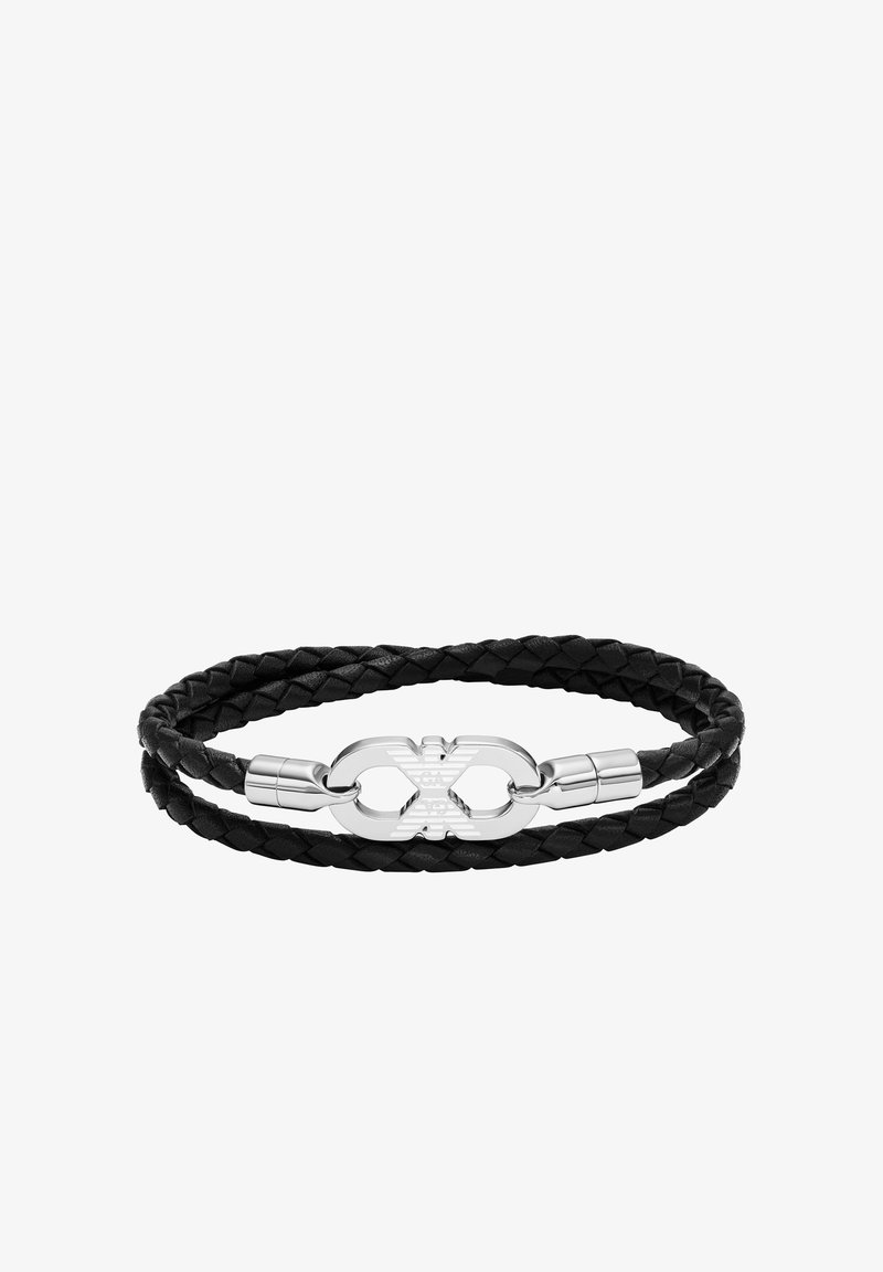 Bracelet en cuir noir, présentant un design tressé et un fermoir argenté avec un symbole. Style élégant et minimaliste.