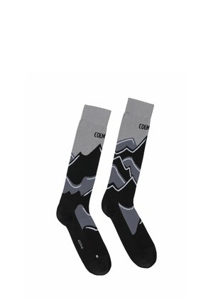Paar schwarze und graue knielange Socken mit Bergmustern und dem Wort "COLMAR" nahe oben.