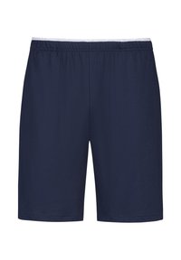 Shorts bleu marine avec taille élastique, fabriqués en tissu léger, présentant une coupe droite et une texture lisse, sans poches latérales.
