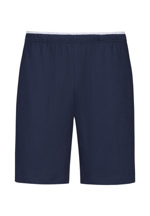 Shorts bleu marine avec taille élastique, fabriqués en tissu léger, présentant une coupe droite et une texture lisse, sans poches latérales.
