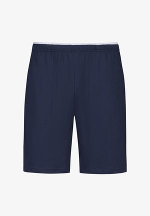 Granatowe spodenki z elastycznym pasem, wykonane z lekkiego materiału, o prostym kroju i gładkiej fakturze, bez bocznych kieszeni.