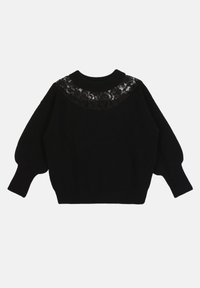Czarny sweter dzianinowy z koronkowym detalem przy kołnierzyku, w oversize'owym fasonie z balonowymi rękawami, ściągaczami na końcach rękawów oraz okrągłym dekoltem. Całość wykończona teksturowanym splotem.