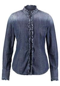 Denimskjorta med en volangkrage och framknäppning, långa ärmar med volangärmar och en mörkblå tvätt med en blekt effekt.