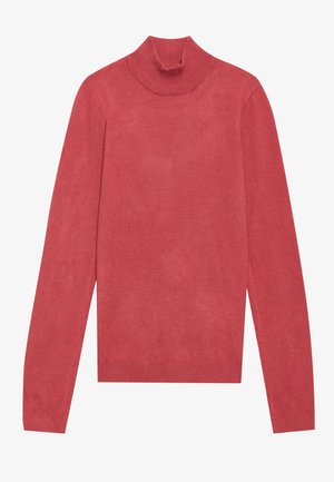 Rode coltrui van zachte gebreide stof. Heeft lange mouwen en een ribbelhalslijn, met een gladde textuur en een aansluitende silhoutte.