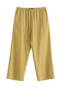 Ljust gula byxor i linneblandning med elastisk midja och dragsko; har sidofickor och en avslappnad, avsmalnande bendesign.