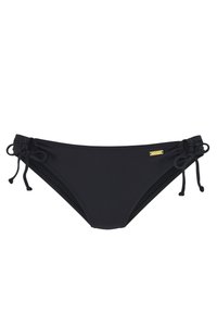Črne bikinije z vezalkami na straneh, ki imajo gladko teksturo in minimalen design. Vključuje subtilno zlat logo ploščico na pasu.