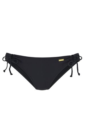 Schwarze Bikinihose mit seitlichen Bindebändern, ausgestattet mit einer glatten Textur und minimalistischem Design. Enthält eine dezente goldene Logo-Plakette am Bund.
