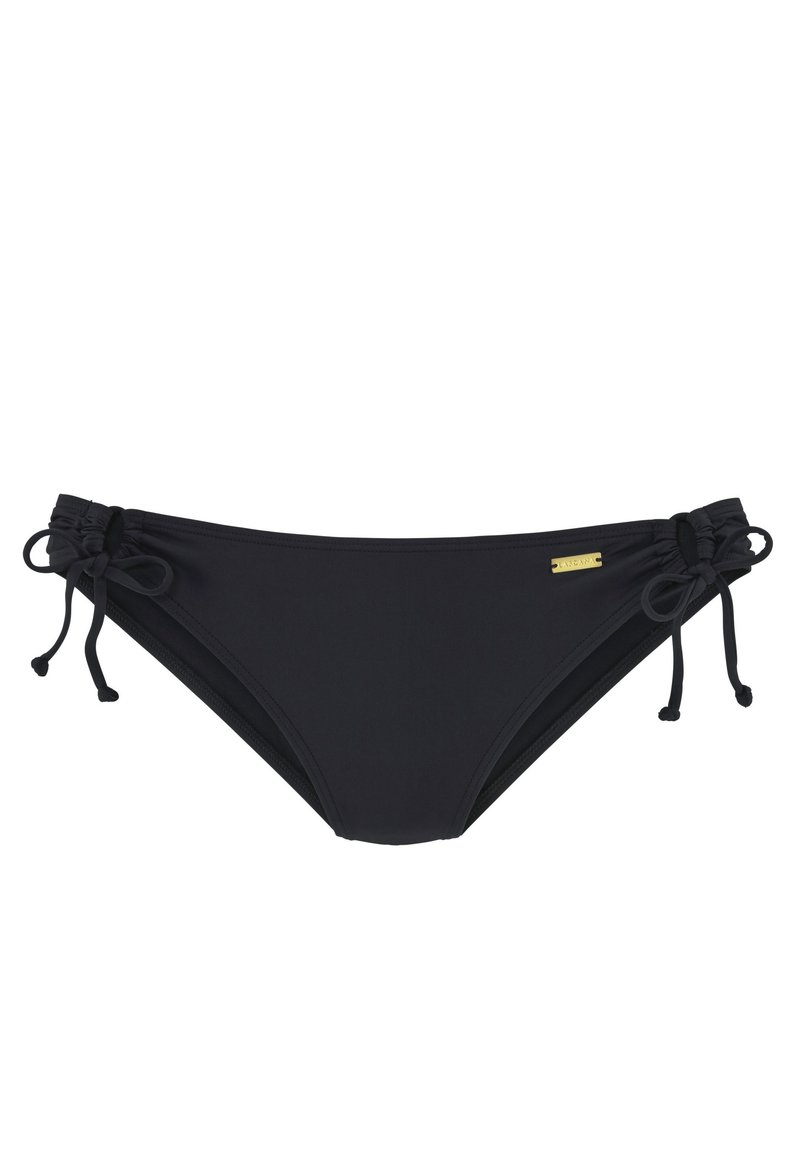 Črne bikinije z vezalkami na straneh, ki imajo gladko teksturo in minimalen design. Vključuje subtilno zlat logo ploščico na pasu.