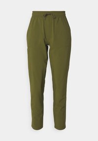 Olivově zelené kalhoty s elastickým pasem a nastavitelnou šňůrkou. Dvě boční kapsy a zúžený střih nohavic. Hladká, lehká tkanina.
