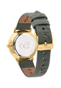 Goldfarbener Edelstahlarmband mit grünem Wildlederarmband, das eine strukturierte Oberfläche und gravierte Akzente aufweist. Wasserdicht bis 3 ATM.