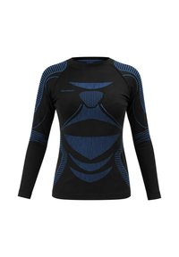 Long-sleeve black athletic shirt featuring blue linear and circular designs, made of stretchy, moisture-wicking fabric for performance.