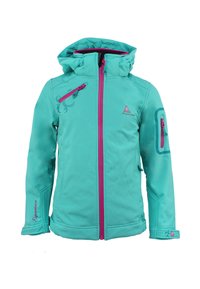 Veste turquoise avec capuche, fermeture éclair rose et accents, dotée d'une poche latérale et d'un motif floral sur le côté avant gauche. Texture lisse.
