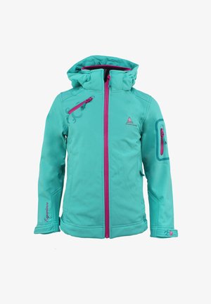 Veste turquoise avec capuche, fermeture éclair rose et accents, dotée d'une poche latérale et d'un motif floral sur le côté avant gauche. Texture lisse.