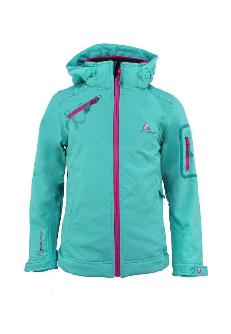 Veste turquoise avec capuche, fermeture éclair rose et accents, dotée d'une poche latérale et d'un motif floral sur le côté avant gauche. Texture lisse.