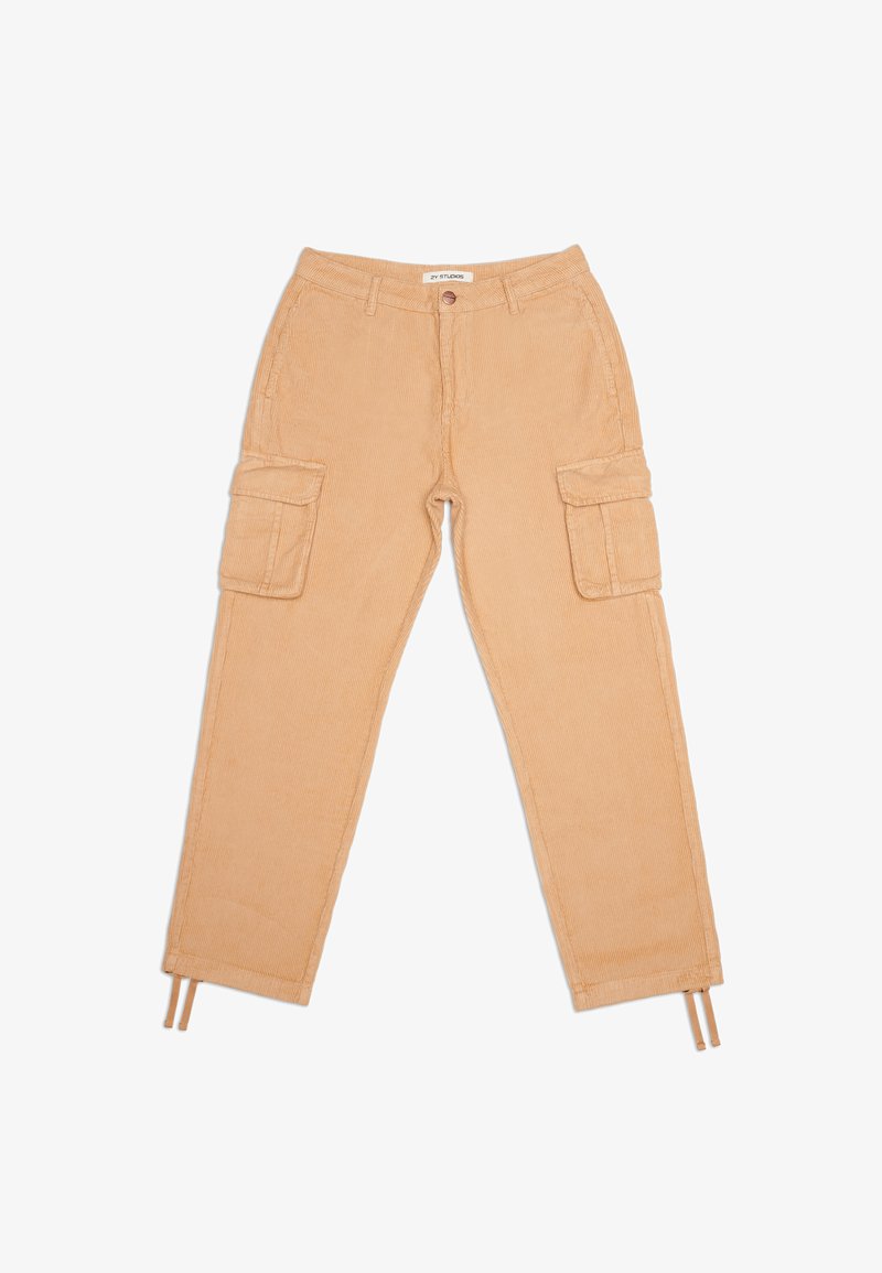 Cargo broeken in lichtbruine corduroy. Voorzien van twee zijzakken, een trekkoord aan de zoom en een gestructureerd geribbeld oppervlak.