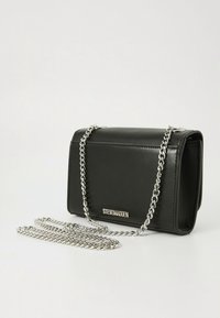Black synthetic leather handbag with a silver chain strap, rectangular shape, smooth texture, featuring a logo detail on the front.