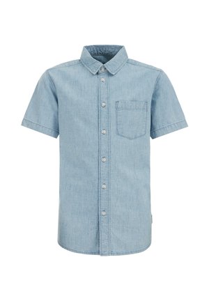 Camicia azzurro chiaro a maniche corte realizzata in tessuto denim, con colletto a punte, chiusura con bottoni e una tasca sul petto.