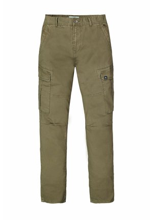 Olive green cargo pants made of durable cotton, featuring multiple side pockets, structured fit, and contrast stitching details.