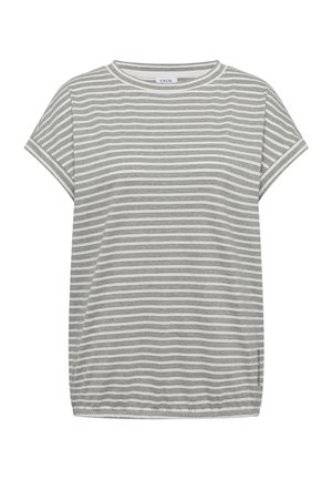 T-shirt décontracté à rayures horizontales grises et blanches, à manches courtes, col rond et manches légèrement retroussées.