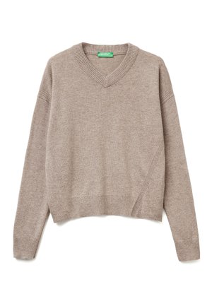 Suéter de cuello en V en marrón claro, hecho de material suave. Presenta hombros caídos, puños y dobladillo acanalados, con un ajuste relajado y recortado.