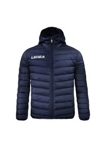 Marinblå puffjacka med huva, horisontellt quiltad design, dragkedja framtill och vit "LEGEA"-logotyp på vänster bröst. Slätt, lätt material.