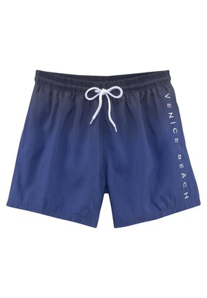 Marinefarbene Schwimmshorts mit einem Karomuster, elastischem Bund, weißer Zugkordel und dem Aufdruck "VENICE BEACH" in Weiß an der Seite.