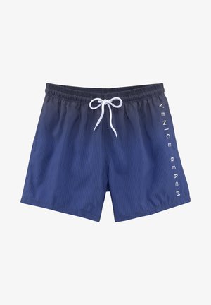 Marinefarbene Schwimmshorts mit einem Karomuster, elastischem Bund, weißer Zugkordel und dem Aufdruck "VENICE BEACH" in Weiß an der Seite.