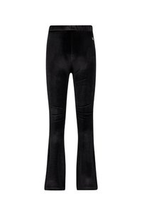 Czarne spodnie dzwony wykonane z żebrowanej tkaniny z elastycznym pasem, charakteryzujące się gładką fakturą i minimalnym logo z tyłu.