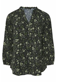 Schwarze Bluse mit langen Ärmeln und V-Ausschnitt, mit gerafftem Kragen, versehen mit einem grünen Blumenmuster und einer durchgehenden Knopfleiste. Weicher Stoff.