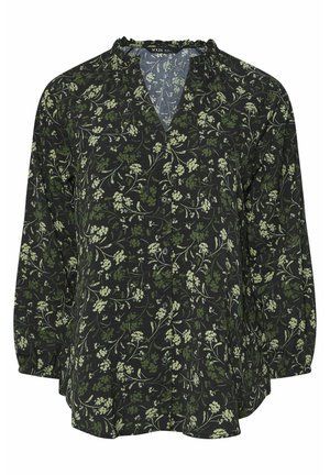 Sort langærmet bluse med v-hals og rynket halsudskæring, prydet med et grønt blomster mønster og knaplukning foran. Blød stofstruktur.