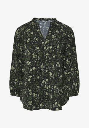 Blouse noire à manches longues avec un col en V et un encolure froncée, présentant un motif floral vert et un devant à boutons. Texture de tissu douce.