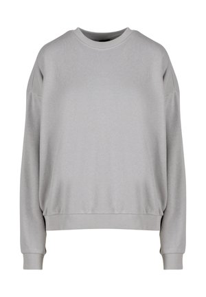 Hellgrau Sweatshirt mit runder Ausschnittlinie, überschnittenen Schultern, gerippten Bündchen und Saum. Der Stoff wirkt weich und glatt mit minimalen Nähten.