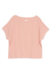 Jasnoróżowa, oversize T-shirt z krótkimi rękawami, wykonana z miękkiego materiału bawełnianego. Gładka faktura i prosty design, z metką na plecach.