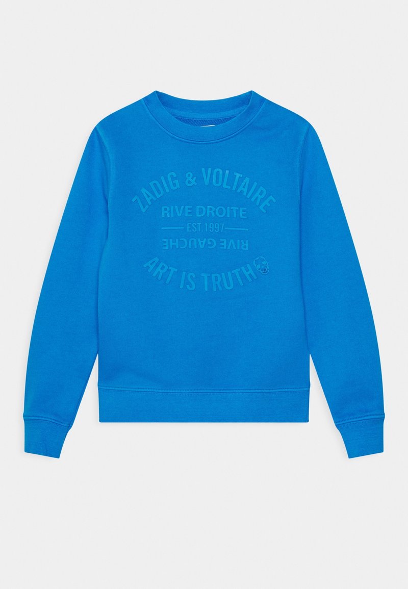 Sweat-shirt bleu vif avec col rond, manches longues et texte en relief "Zadig & Voltaire Rive Droite Est. 1997 L'art est vérité" sur le devant.