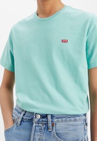 Měkké mint zelené bavlněné tričko s kulatým výstřihem, krátkými rukávy a malým červeným logem Levi's na hrudi. Doplněné o světle modré džíny.
