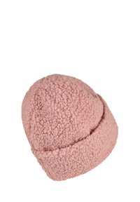 Pink sherpa fleece beanie hat with a folded brim and a textured, curly fabric surface.