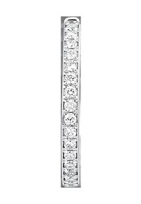 Pendientes verticales de plata, engastados con piedras preciosas transparentes, que presentan un diseño alargado y elegante con un acabado pulido.