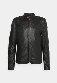 Giubbotto in pelle nera con collo rotondo, chiusura con zip davanti e maniche lunghe. Presenta una superficie liscia e dettagli di cucitura minimi.