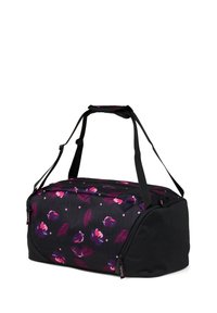 Schwarze Duffle-Tasche mit floralen Mustern in Pink und Lila. Hergestellt aus strukturiertem Stoff mit doppelten Griffen und einem mit Reißverschluss versehenen Hauptfach.