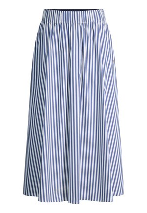 Blaue und weiße midi Rock mit vertikalen Streifen, elastischem Bund und ausgestellter Silhouette.