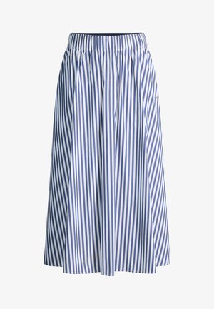 Jupe midi à rayures verticales bleu et blanc avec une taille élastique et une silhouette évasée.