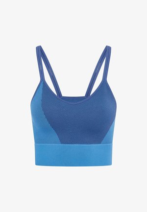 Niebieski sportowy stanik o prążkowanej fakturze, z wielotonalnym odcieniem, dopasowanym kroju i cienkimi regulowanymi ramiączkami.