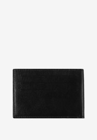 Czarny skórzany portfel o fakturowanym wykończeniu, z wieloma miejscami na karty po jednej stronie i eleganckim, minimalistycznym designem.