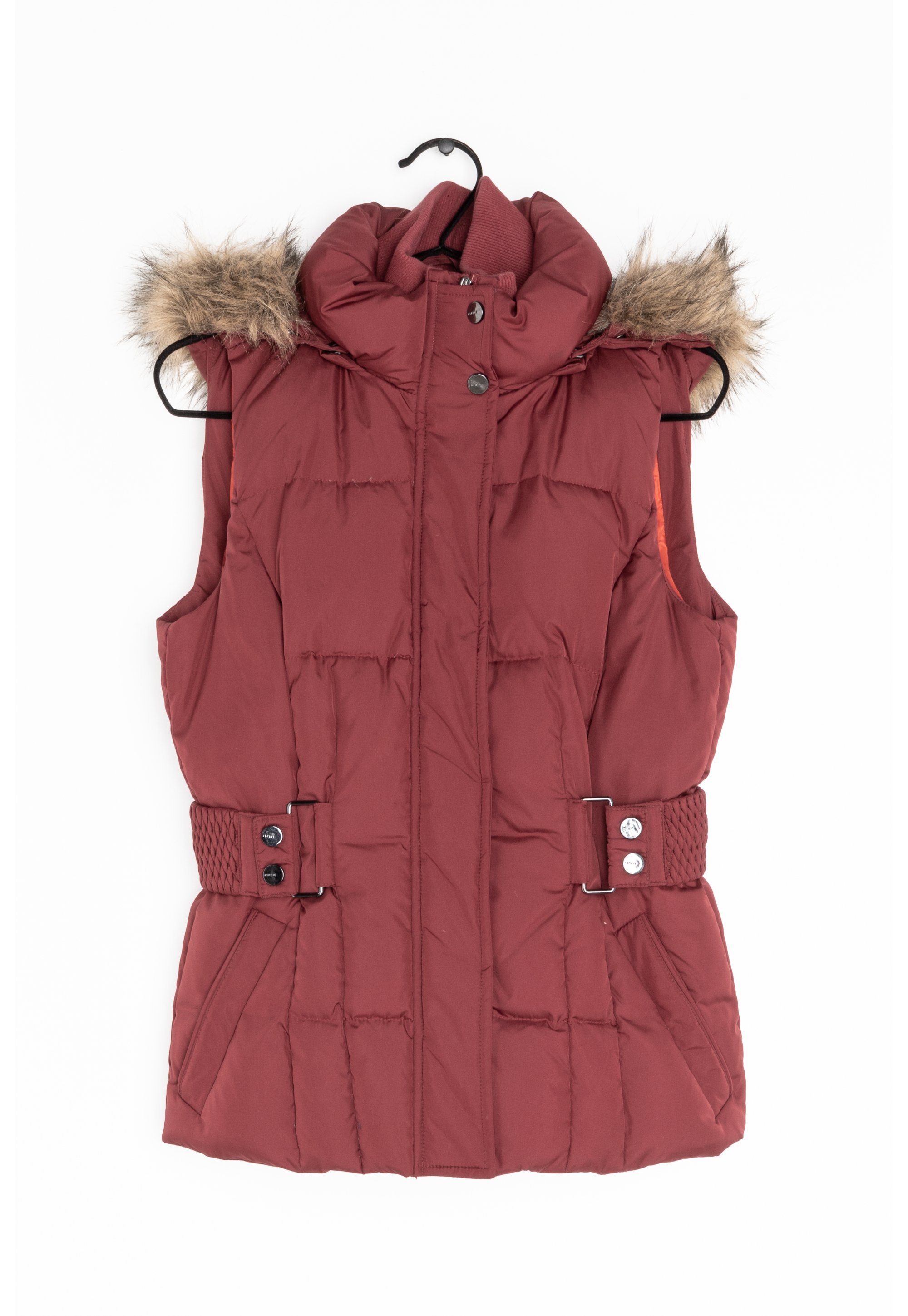 belted puffer red down jacket with fur hood