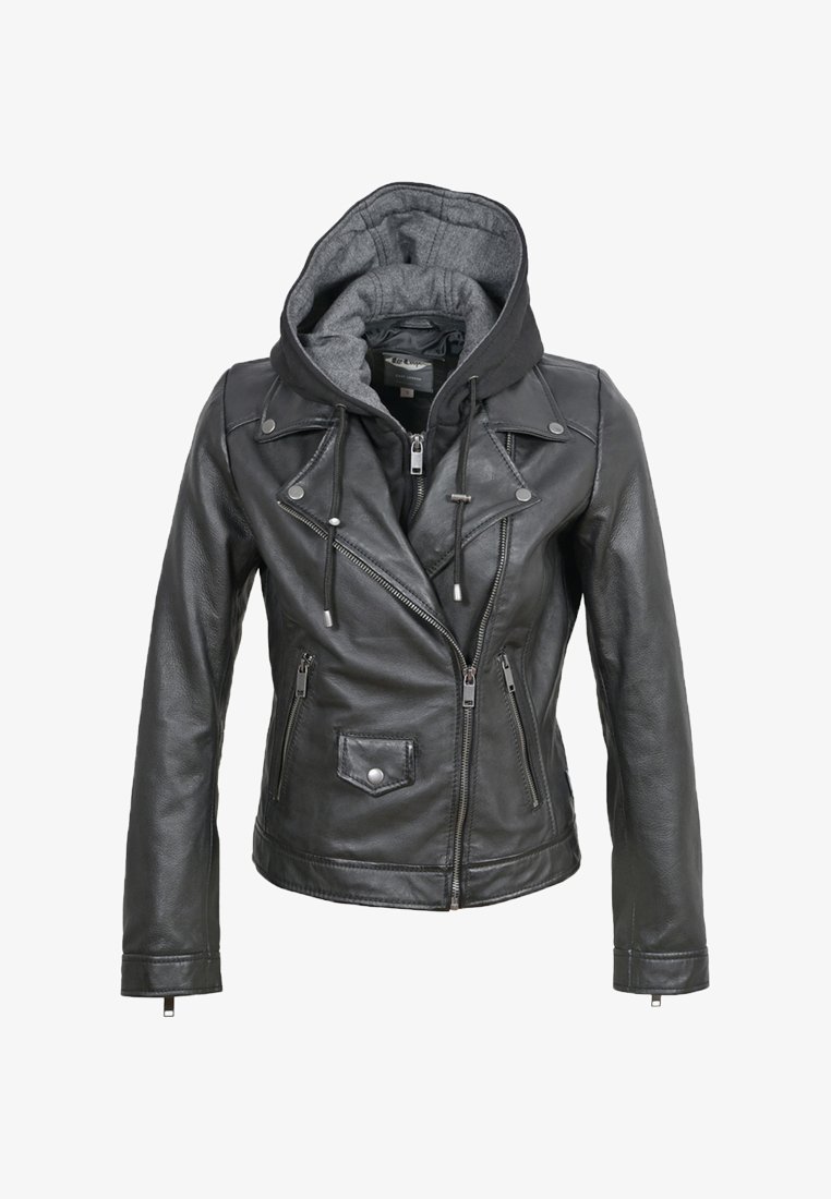 Black faux leather biker jacket with asymmetrical zipper, snap-button details, zip pockets, and attached gray fabric hood with drawstrings.