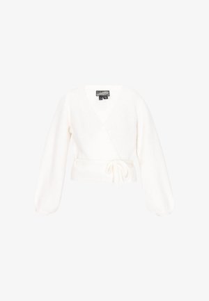 Weißer Wickelstrickcardigan mit langen Ballonärmeln und gebundenem Gürtel in der Taille.