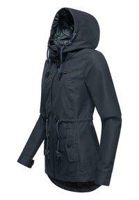 Navy hooded jacket with a drawstring, zip front, and pockets. Features a patterned interior lining and elastic cuffs, made from durable material.