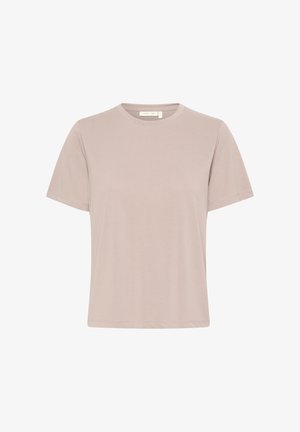 Hele beež T-särk, lühikeste varrukatega, ümar kaelus, pehmest kangast, millel on lihtne disain ilma mustrite või kaunistusteta.